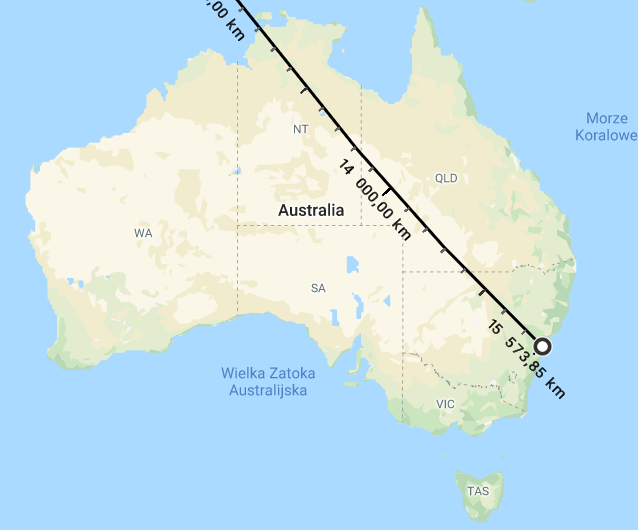 mapa pokazująca odległość między Warszawą a Sydney